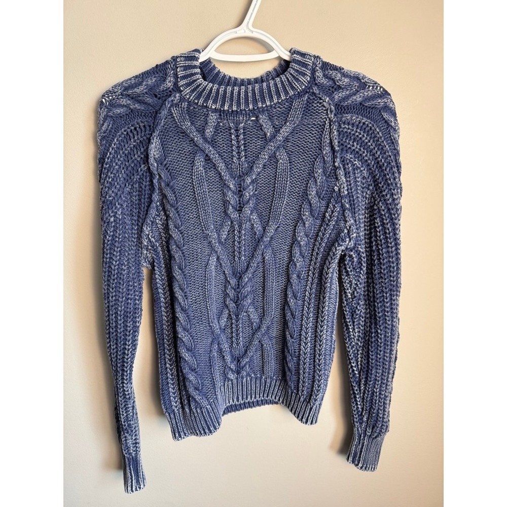Devoted Womens Blue Cable Knit Sweater XS Chunky Acid Wash Coastal Preppy